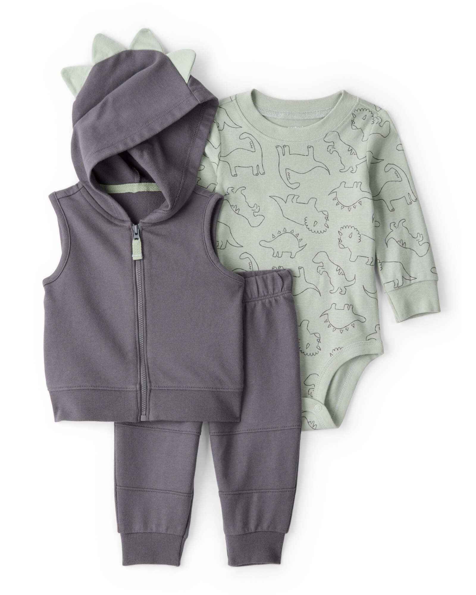 Set tres piezas de algodón, chaleco, pantalón y body, diseño dinos Sin color
