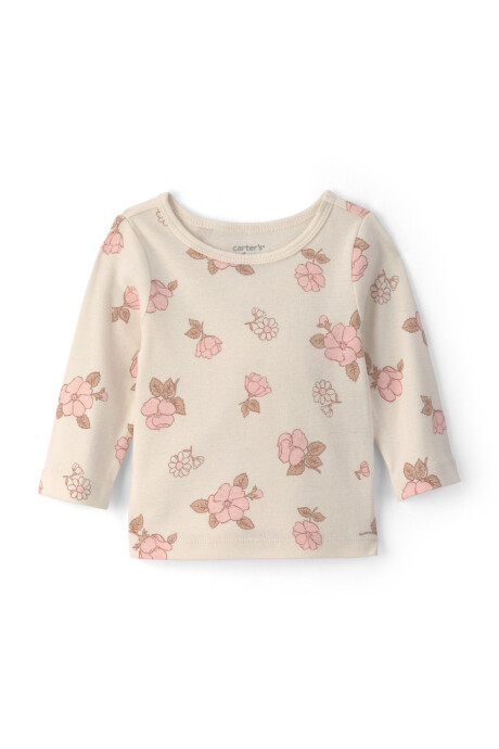 Set dos piezas de algodón, enterito y remera, rosado y crema, diseño floral Sin color