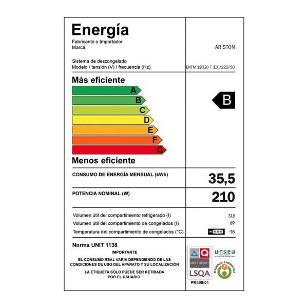 Heladera Ariston Entm19020f 385 L HELADERA ARISTON ENTM19020F 385LTS