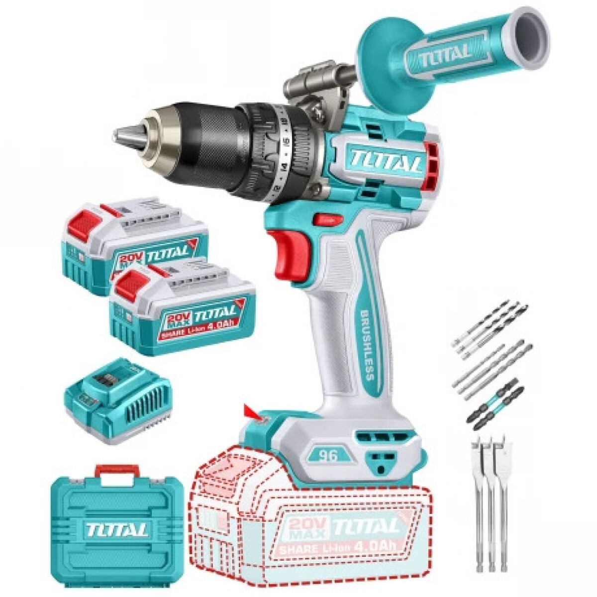 Taladro Atornillador Percutor 20v 96Nm Sin Carbones + 2 Bat 4Ah+ Cargador +Maletin Y Accesorios 