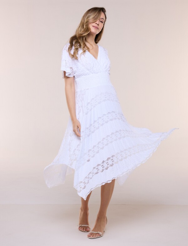 Vestido De Encaje Con Frunces BLANCO