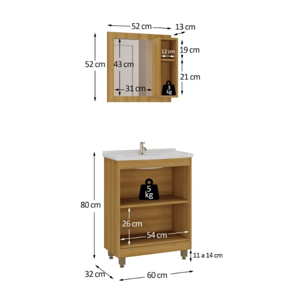 MUEBLE DE BAÑO 60 CM CON MESADA Y ESPEJO - MIEL/FUME MUEBLE DE BAÑO 60 CM CON MESADA Y ESPEJO - MIEL/FUME