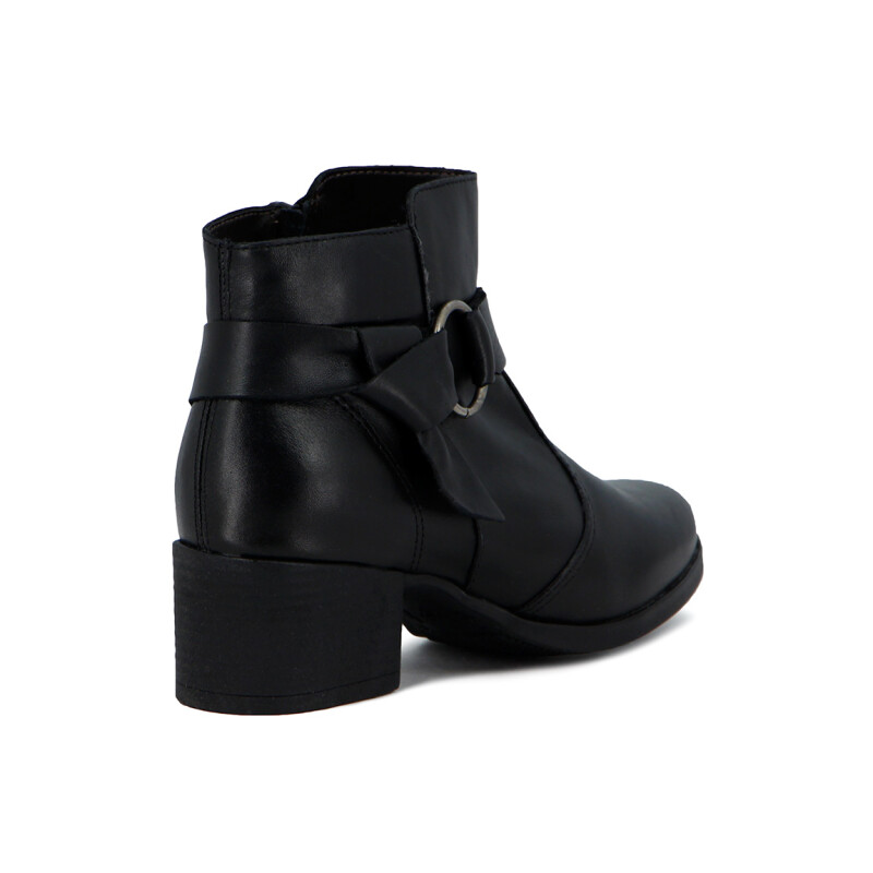 Country Bota Mujer De Cuero Tira C/ Aplique Caña Baja Taco Cuadrado Negro