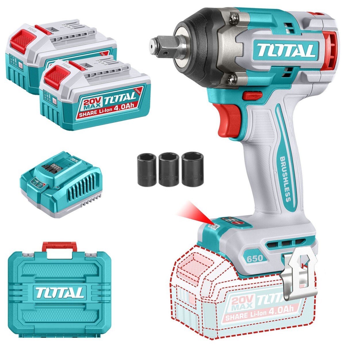Llave De Impacto Inalámbrica 20v 1/2" 650Nm - Doble Batería + Maletín 