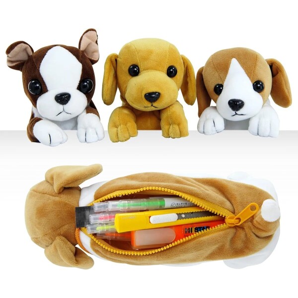 Cartuchera Escolar Peluiche Perro Infantil Con Cierre 2 en 1 Variante Color Beige