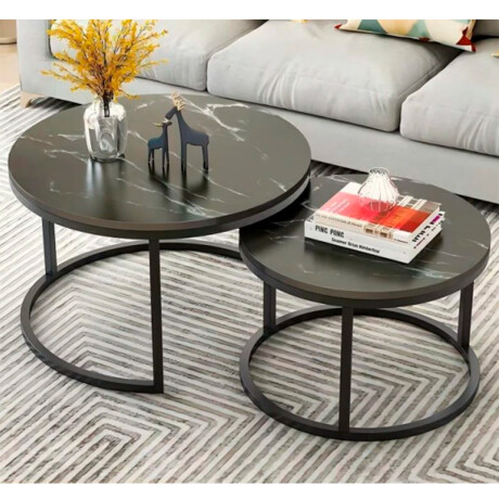Mesa Auxiliar Circular Doble Chica Marmolado Negro y Blanco