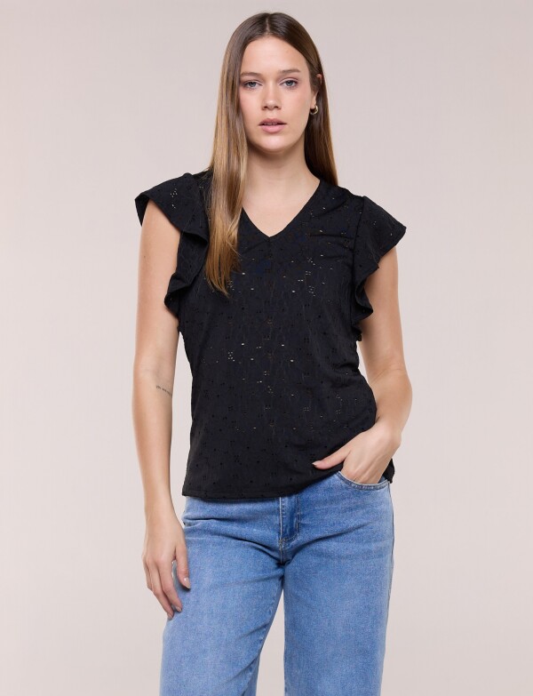 Blusa Broderie Manga Volado NEGRO