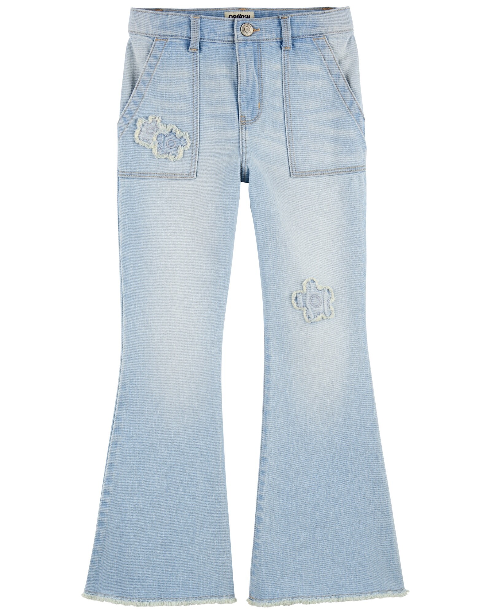 Pantalón jean acampanado, con parches florales Sin color