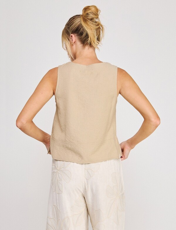 Blusa De Lino Sin Mangas Con Botones BEIGE