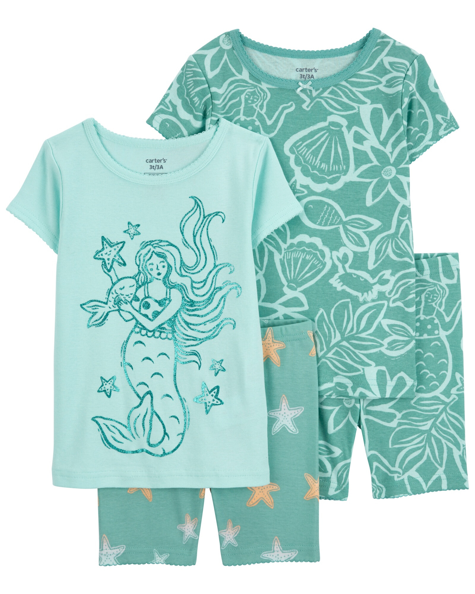 Pijama cuatro piezas de algodón, dos shorts y dos remeras manga corta diseños sirenas Pijama cuatro piezas de algodón, dos shorts y dos remeras manga corta diseños sirenas
