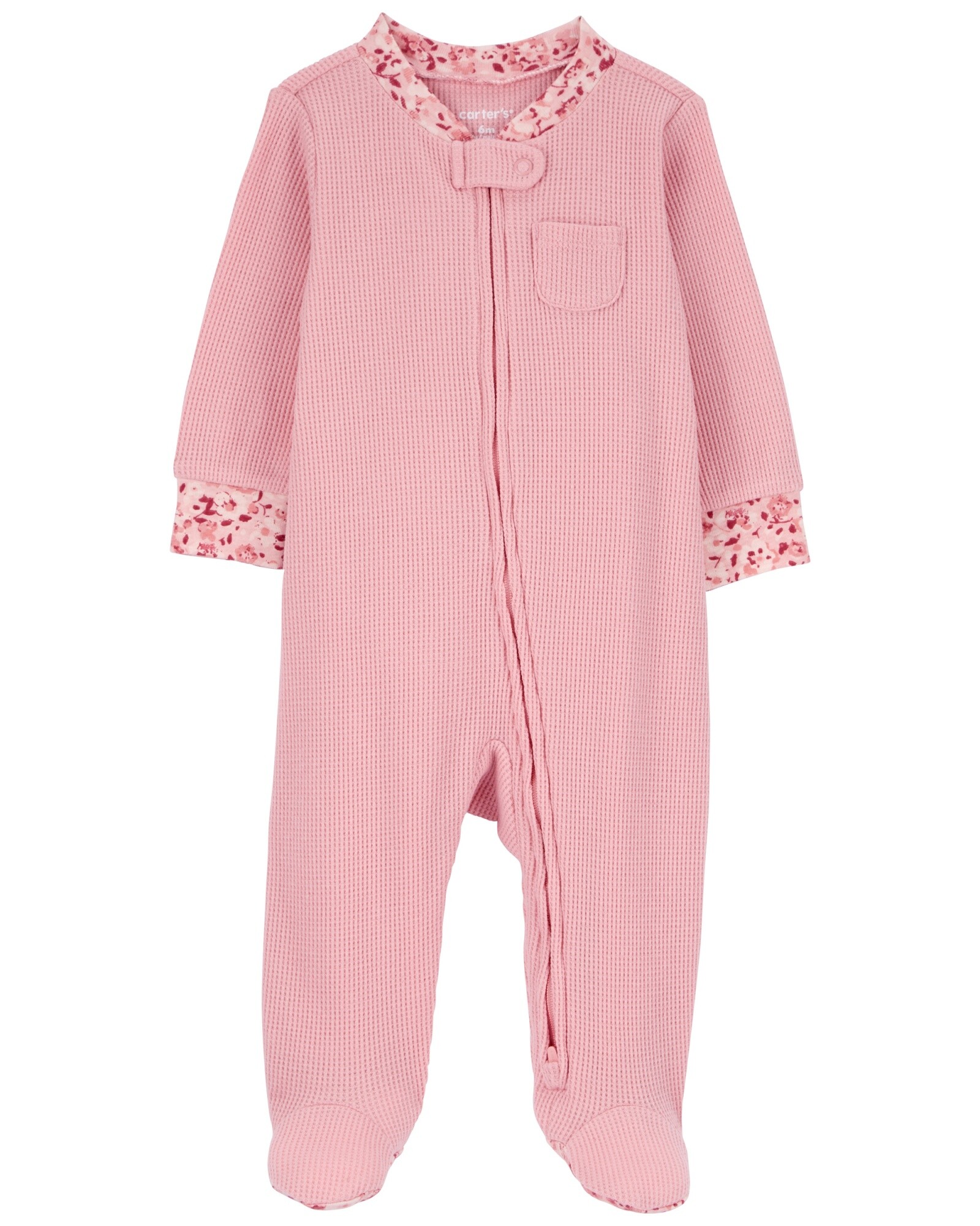 Pijama uno pieza de algodón térmico, con pie, ribete floral Sin color