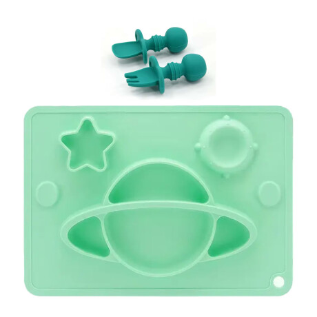 Set Comida Bebé Silicona Plato Divisiones + Cuchara Tenedor Verde/verde