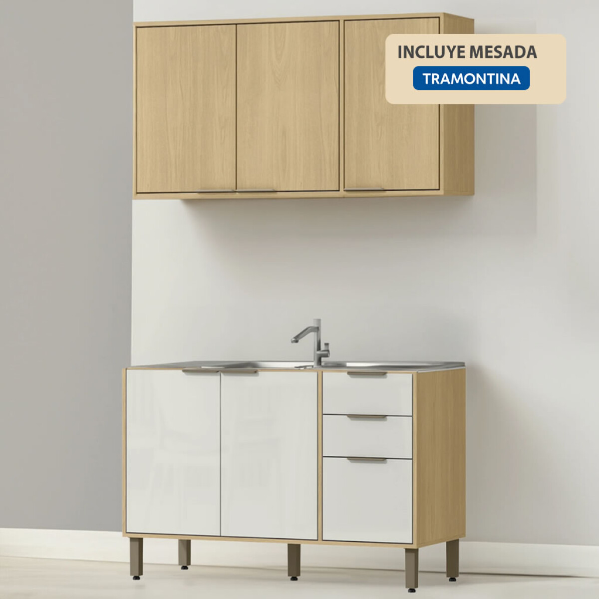 Bajo Mesada 120 cm 3 Puertas 2 Cajones y Aéreo 3 Puertas y Estantes Cocina Modular Gloria MDP 15mm y Pileta Tramontina Central 