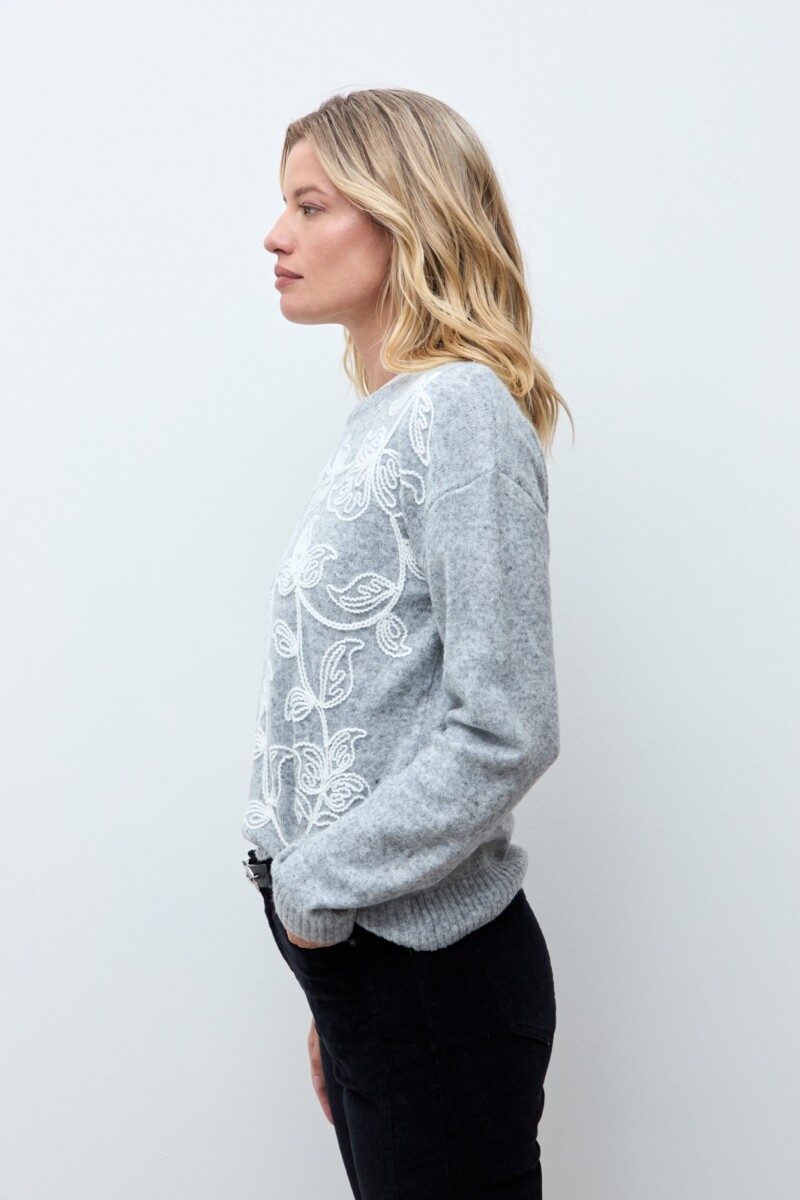 Sweater bordado floral gris melange