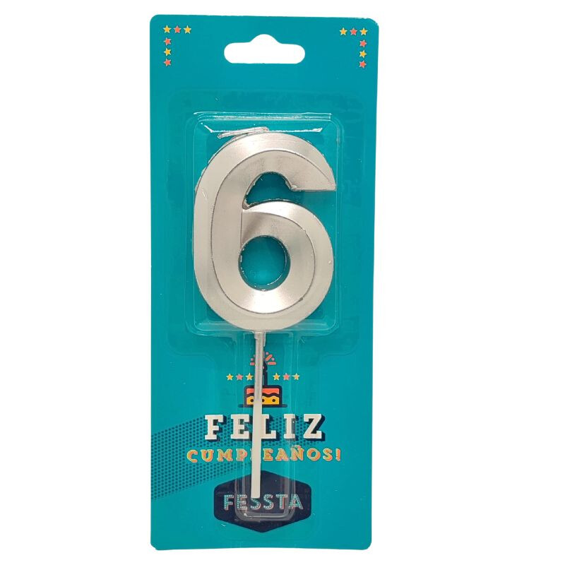 Vela Número 3D Grande Plateada SEIS