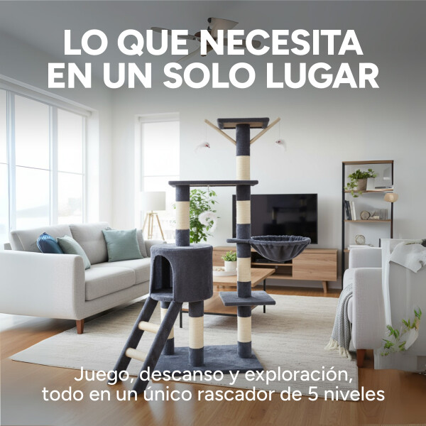 Rascador Torre 5 Niveles En Felpa Y Sisal Para Gato Juego Color Variante Gris Oscuro