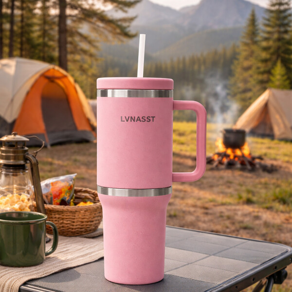 Vaso Térmico Acero inoxidable Doble 890ml + 295ml C/pajita Color Rosa