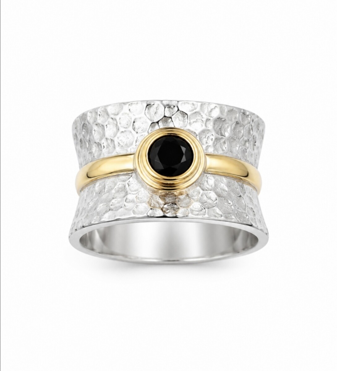 Anillo plata y lamina de oro martillado con zirconia azul 