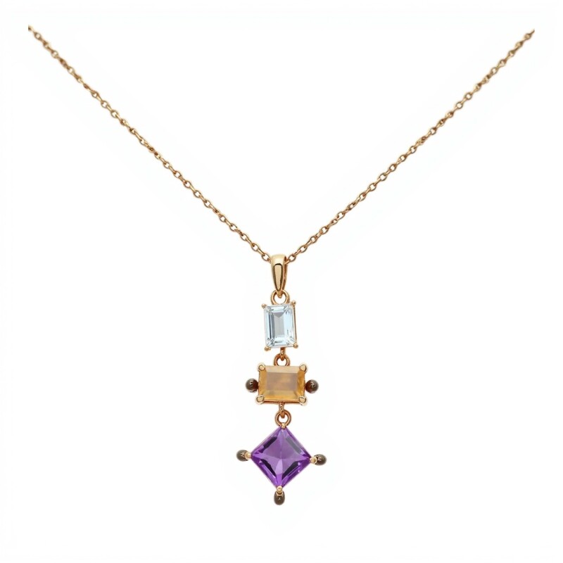 Conjunto Vishnu-Plata rodinada micra oro 18k-Piedras Topacio, Citrino, Amatista, Brillantes-CJ2002 conpiedra