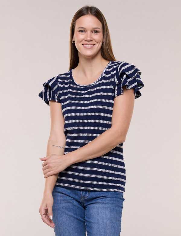 Remera Lineas Con Volantes En Mangas AZUL/BLANCO