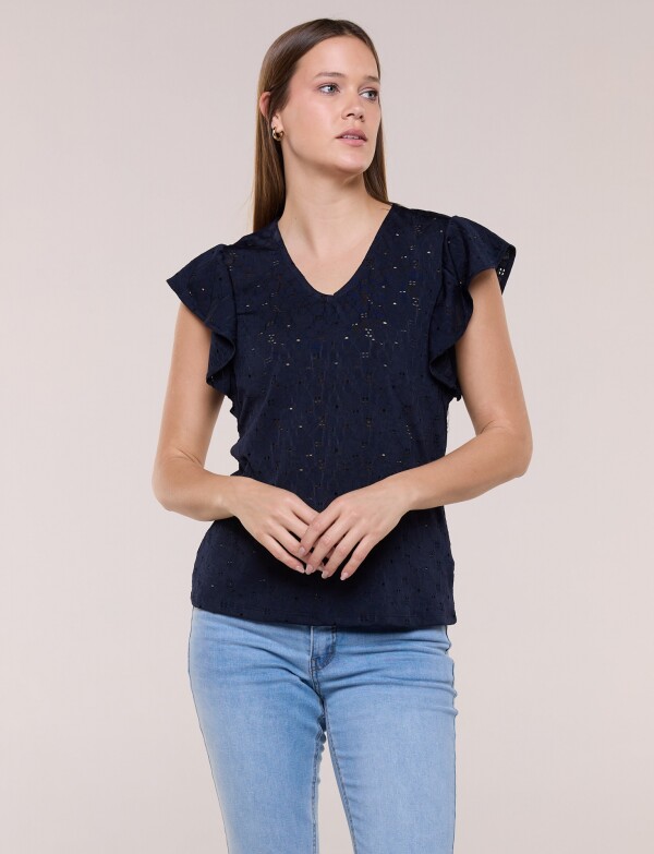 Blusa Broderie Manga Volado MARINO