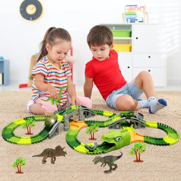 Pista Autos Dinosaurios Grande Flexible Juguete 275 Pz Luces Variante Color Verde
