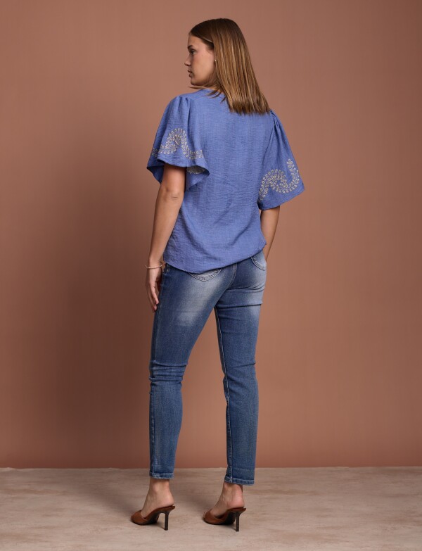 Blusa Manga Bordado AZUL