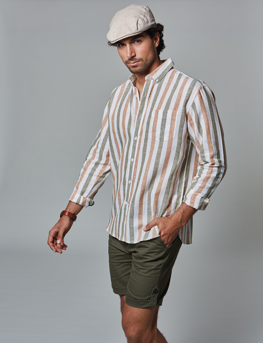 Camisa lino rayada oliva