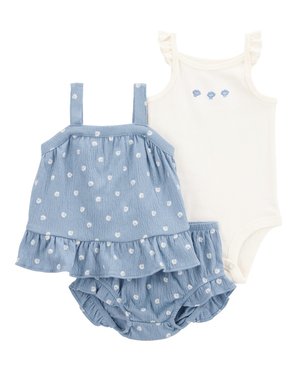 Set tres piezas, short y musculosa de jersey arrugado, más body de algodón 