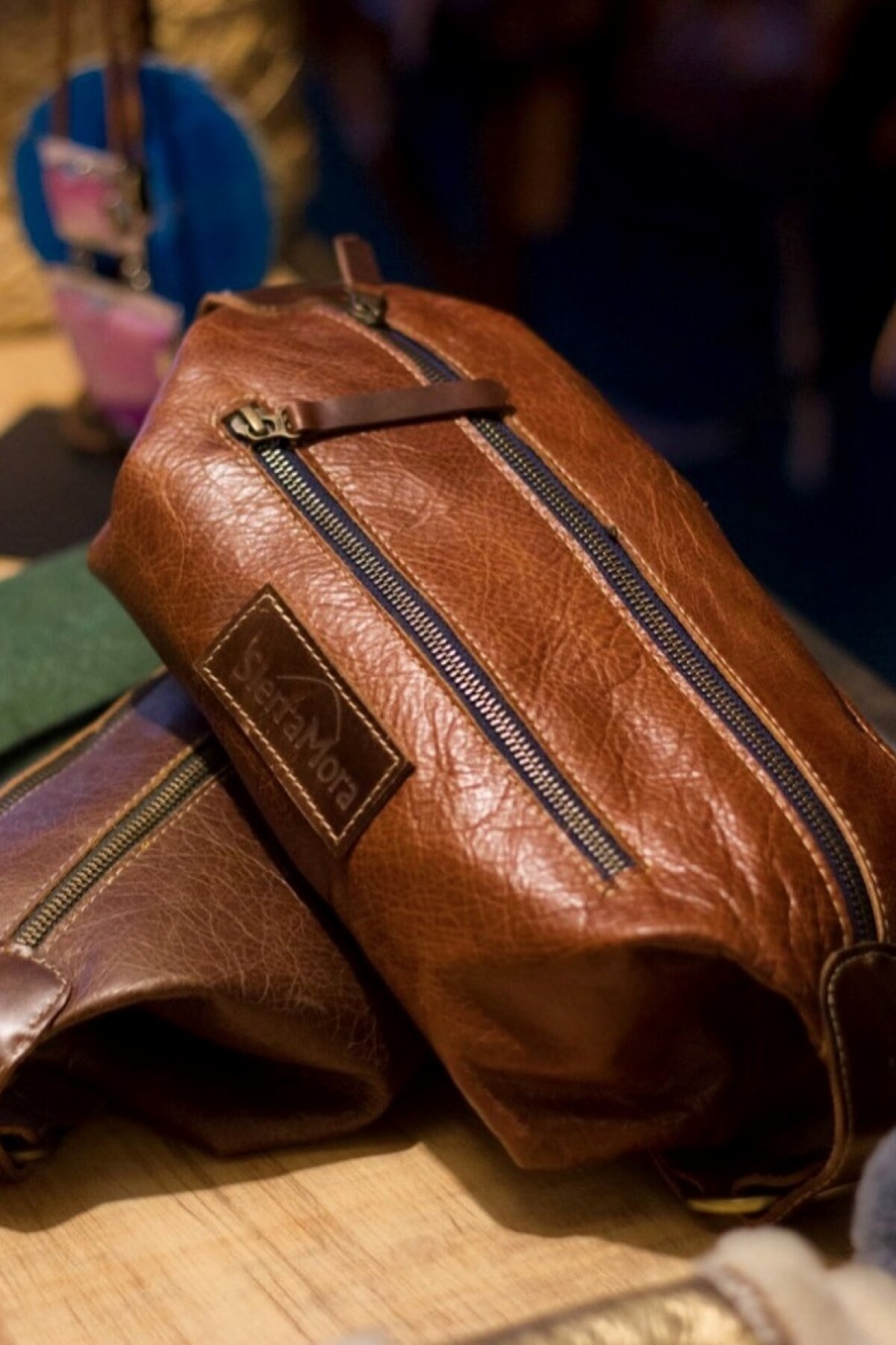 Necessaire de Cuero Camel Blue Zip