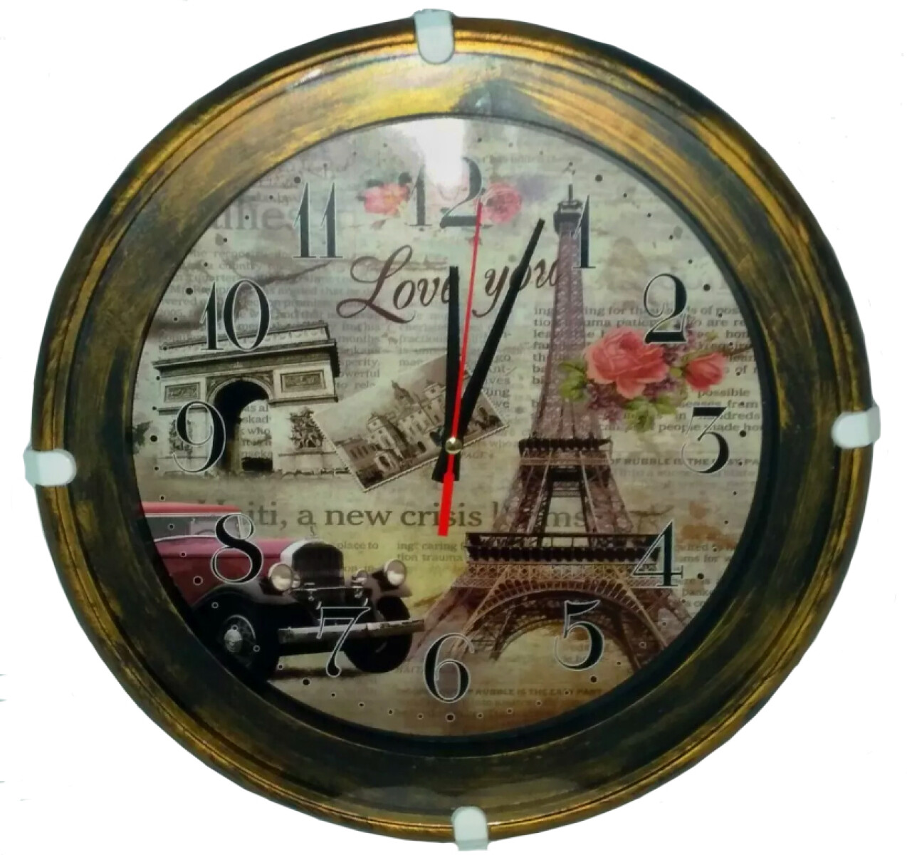 Reloj De Pared Redondo 30 Cm Fondo París Torre Eiffel 