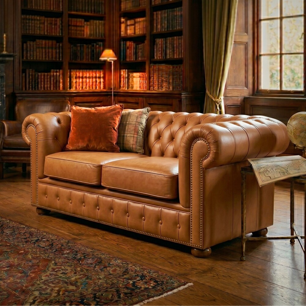 Sillón 100% Cuero - 2 Cuerpos - Chesterfield Camel