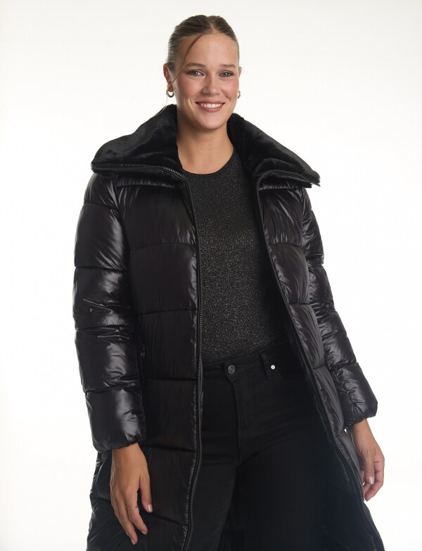 Campera Puffer Satinada Con Cuello De Piel NEGRO
