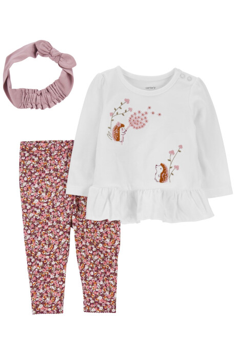 Set tres piezas pantalón, remera con volados y bordado de algodón más vincha Sin color