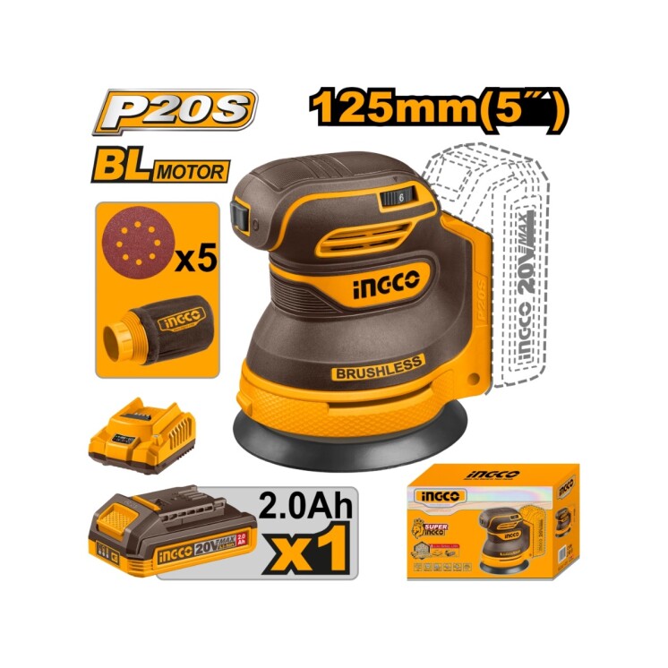 Lijadora Roto Orbital Inalámbrica INGCO CROSLI20021 20V 125 mm con Batería y Cargador Lijadora Roto Orbital Inalámbrica INGCO CROSLI20021 20V 125 mm con Batería y Cargador