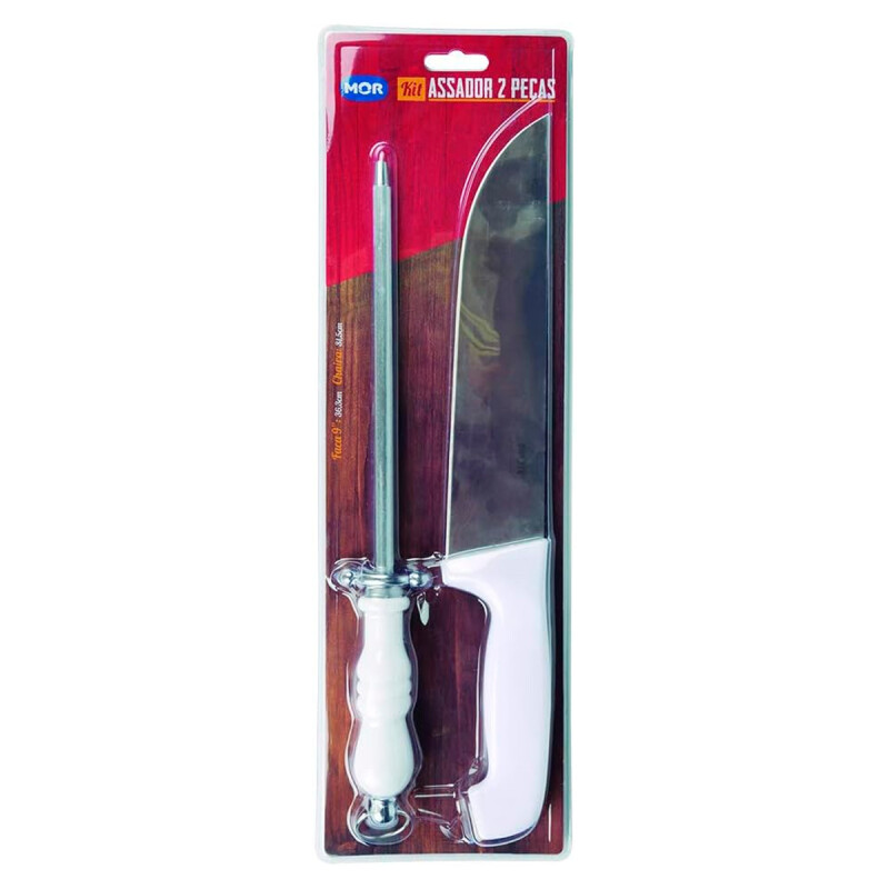 Set asador: Cuchillo y chaira mango blanco BLANCO