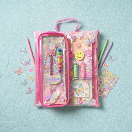Set Papelería Arte Escolar c/Bolso Libreta Lápices Pegatinas Mariposa