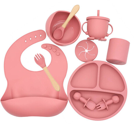 Set X10p Plato Comer Bebe Silicona+ Cubierto Vaso Rosa