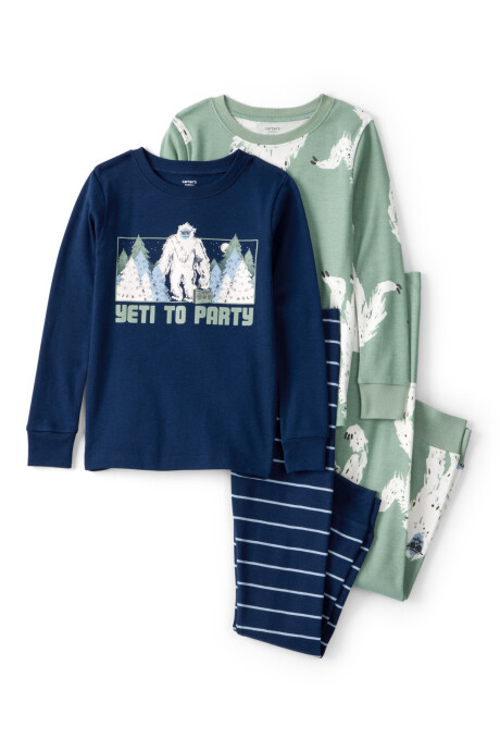 Pijama cuatro piezas de algodón, dos remeras manga larga y dos pantalones, diseño Yeti Sin color