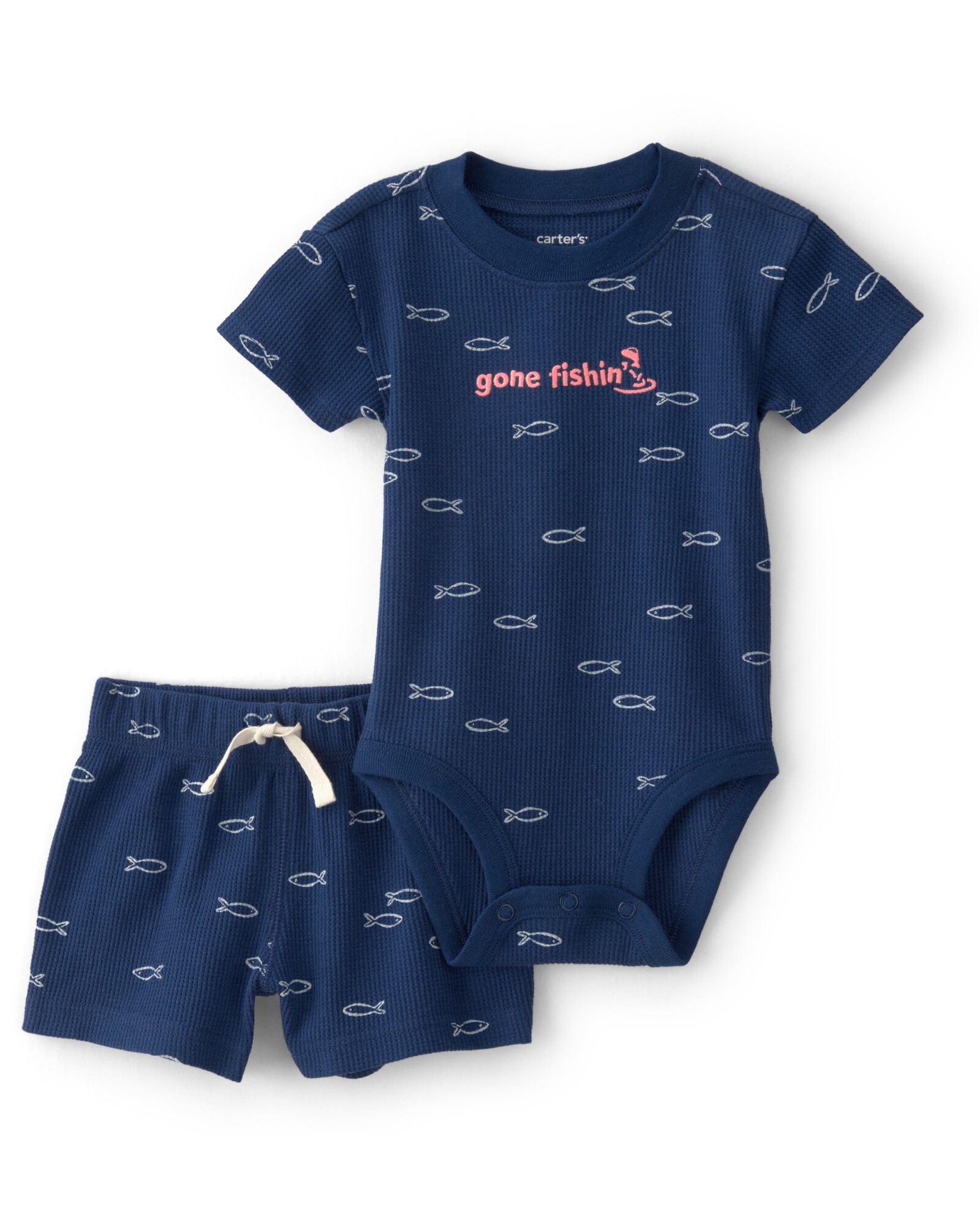 Set dos piezas de algodón térmico, short y body, azul, diseño peces Sin color