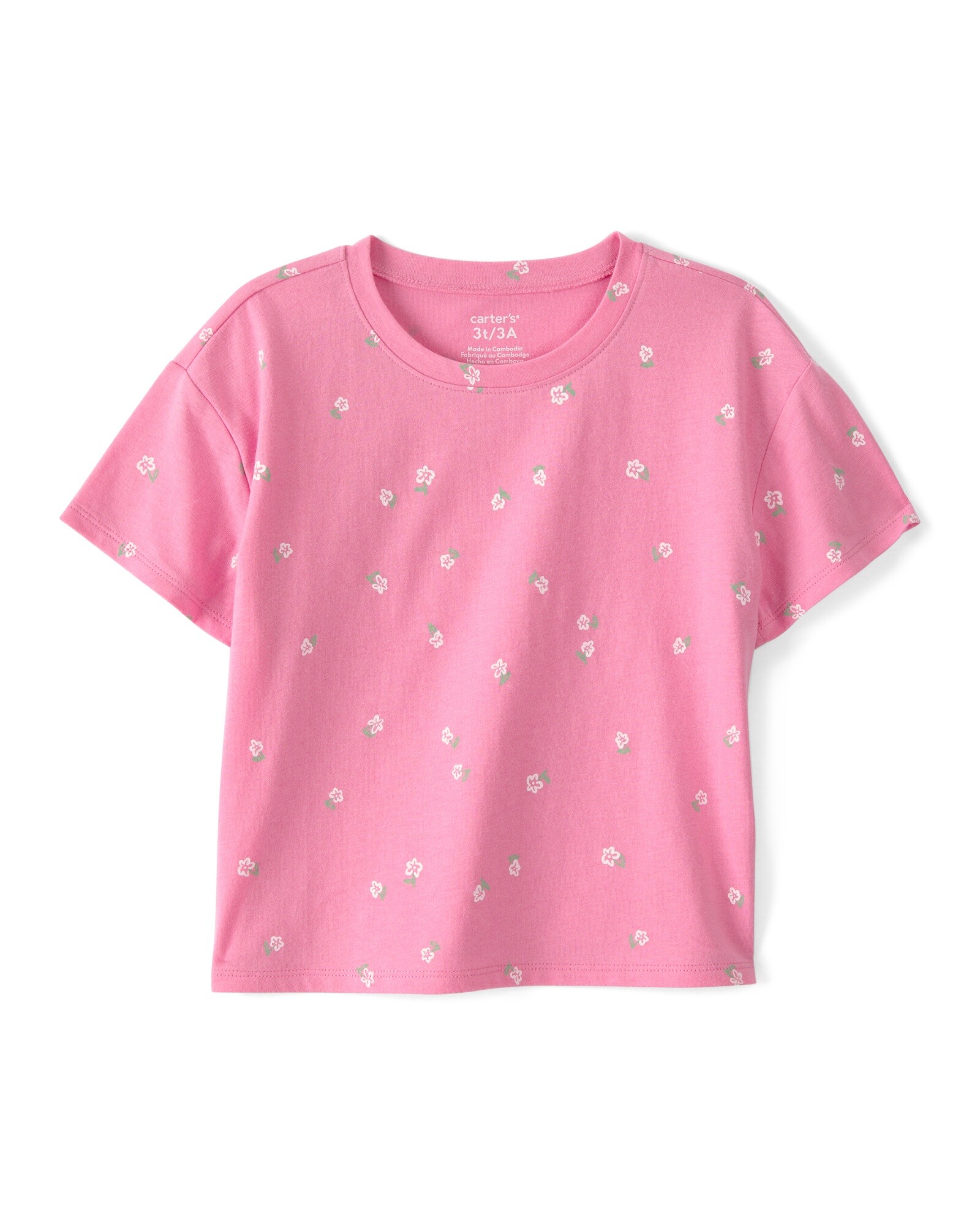 Remera de algodón, manga corta, rosada, diseño floral Sin color