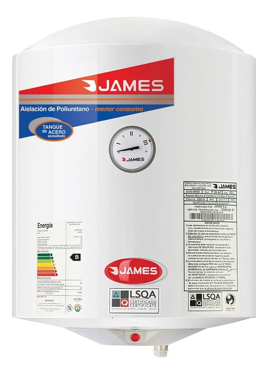 CALENTADOR DE AGUA JAMES CILINDRICO 30 LTS 