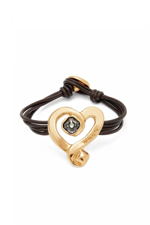 PULSERA DE CUERO CON CORAZON EN ALEACION DE METALES BAÑADO EN ORO 18K CON CRISTAL NEGRO Pulsera