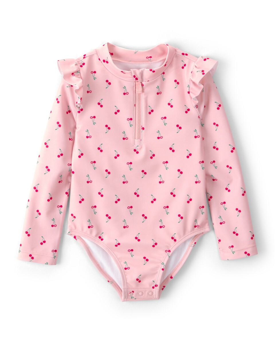 Malla de baño 1 pieza manga larga con protección UPF 50+, rosada, diseño cerezas. Talles 2-5T 