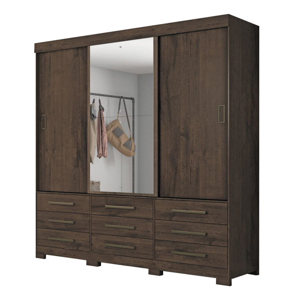 ROPERO 3 PUERTAS CORREDIZAS CON ESPEJO 9 CAJONES GUARDARROPA ARMARIO PLACARD CLOSET MARRON