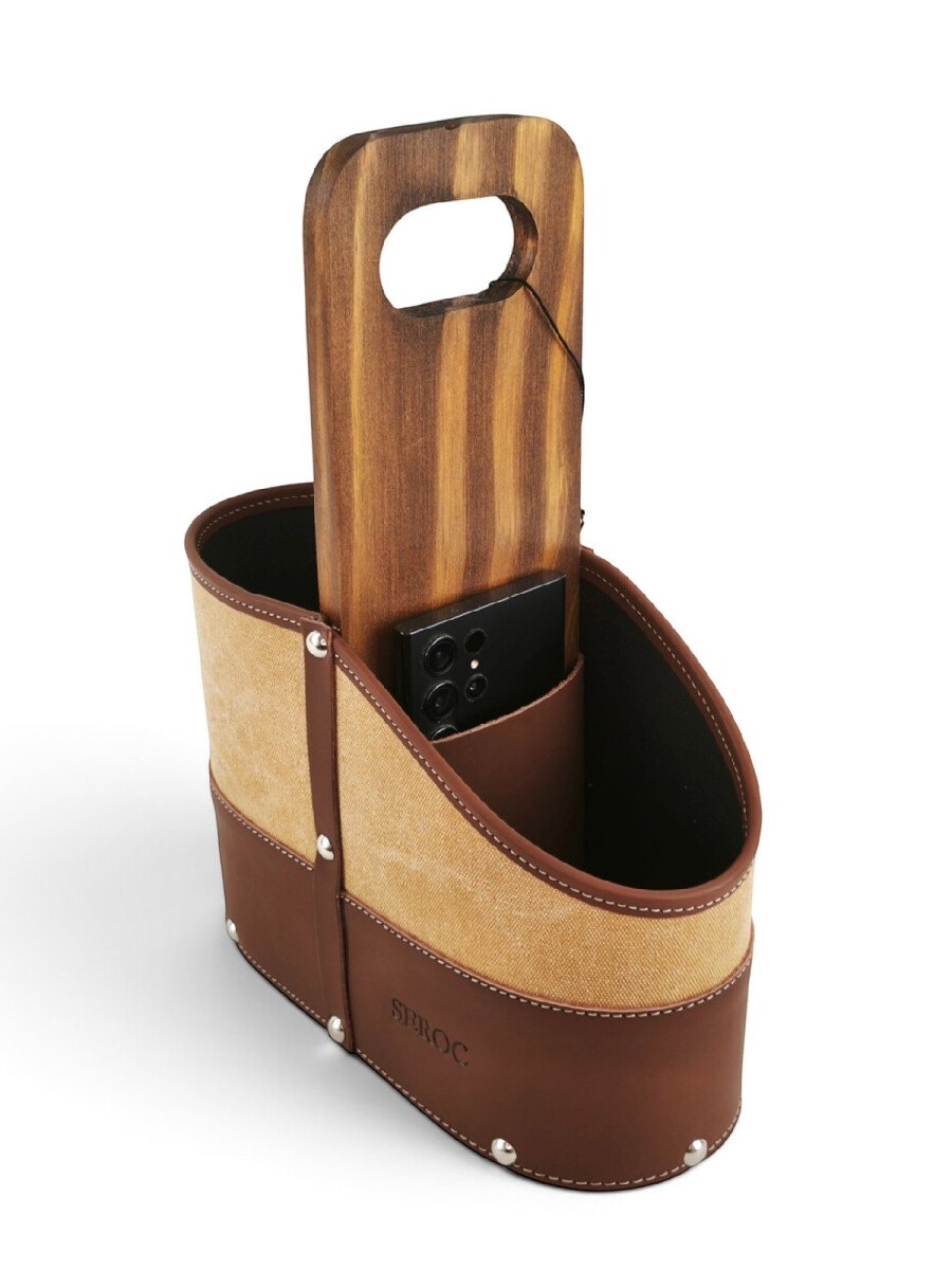 Porta termo y mate en madera y lona con porta celular y porta bombilla - Beige 
