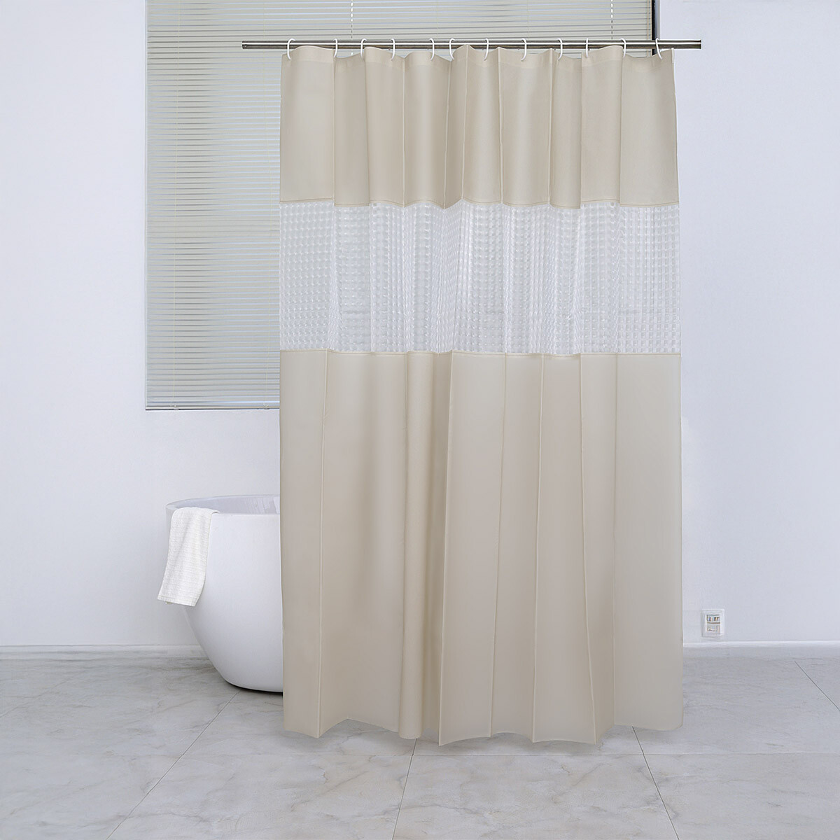 Cortina Baño con Transparencia Bukara con Argollas 180 x 180 cm - BEIGE 