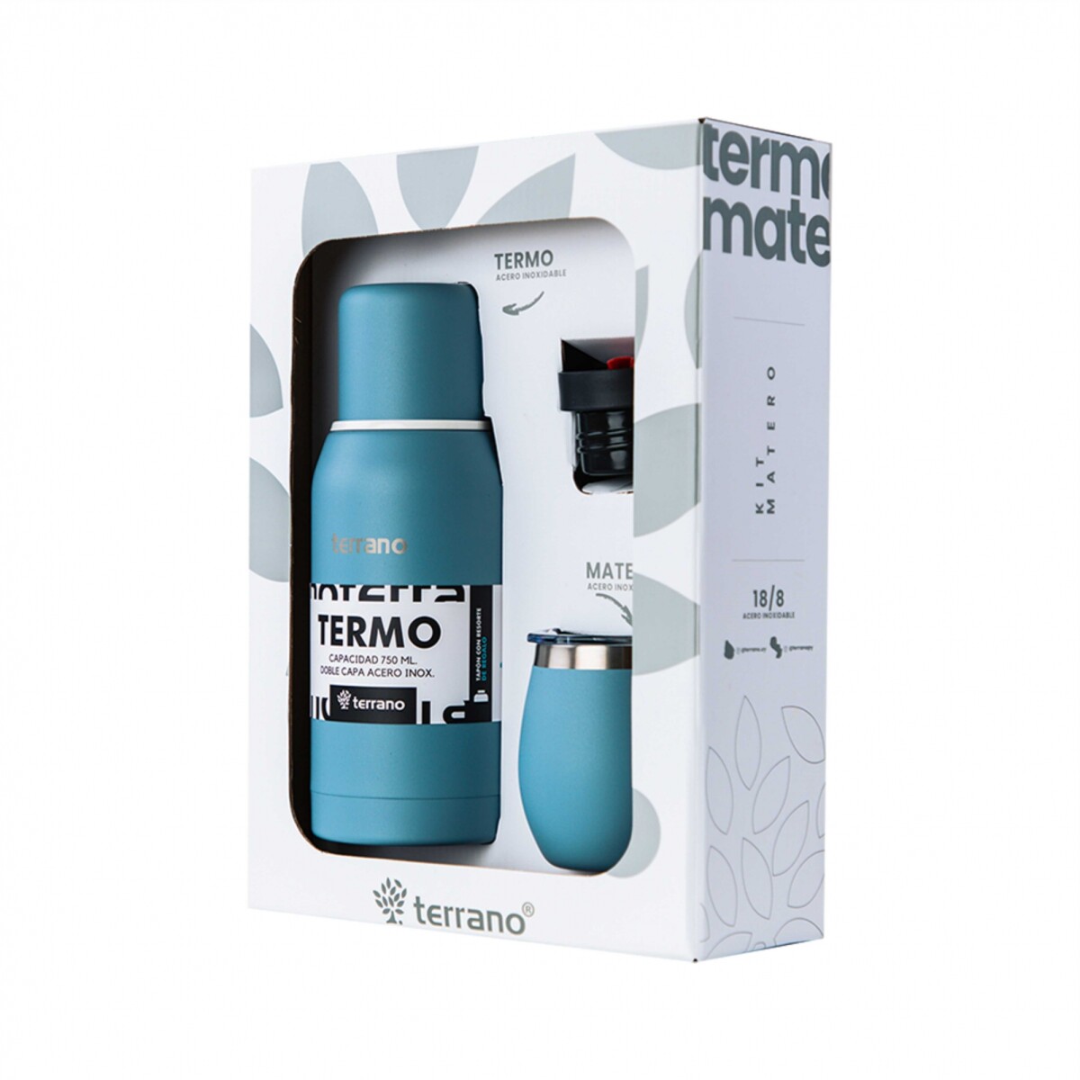 KIT V1 TERMO CLASICO 750ML SIN MANIJA - TERRANO KIT V1 MATE + TERMO CLASICO 750ML CELESTE 