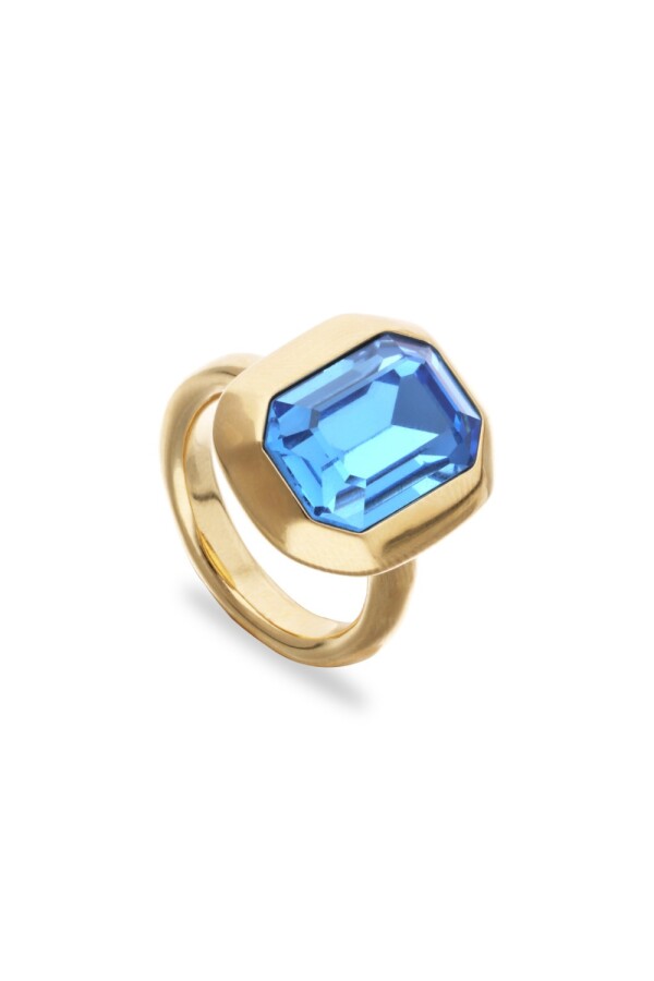 ANILLO DE ALEACIÓN DE METALES BAÑADO EN ORO 18K CON CRISTAL FACETADO AZUL Anillo