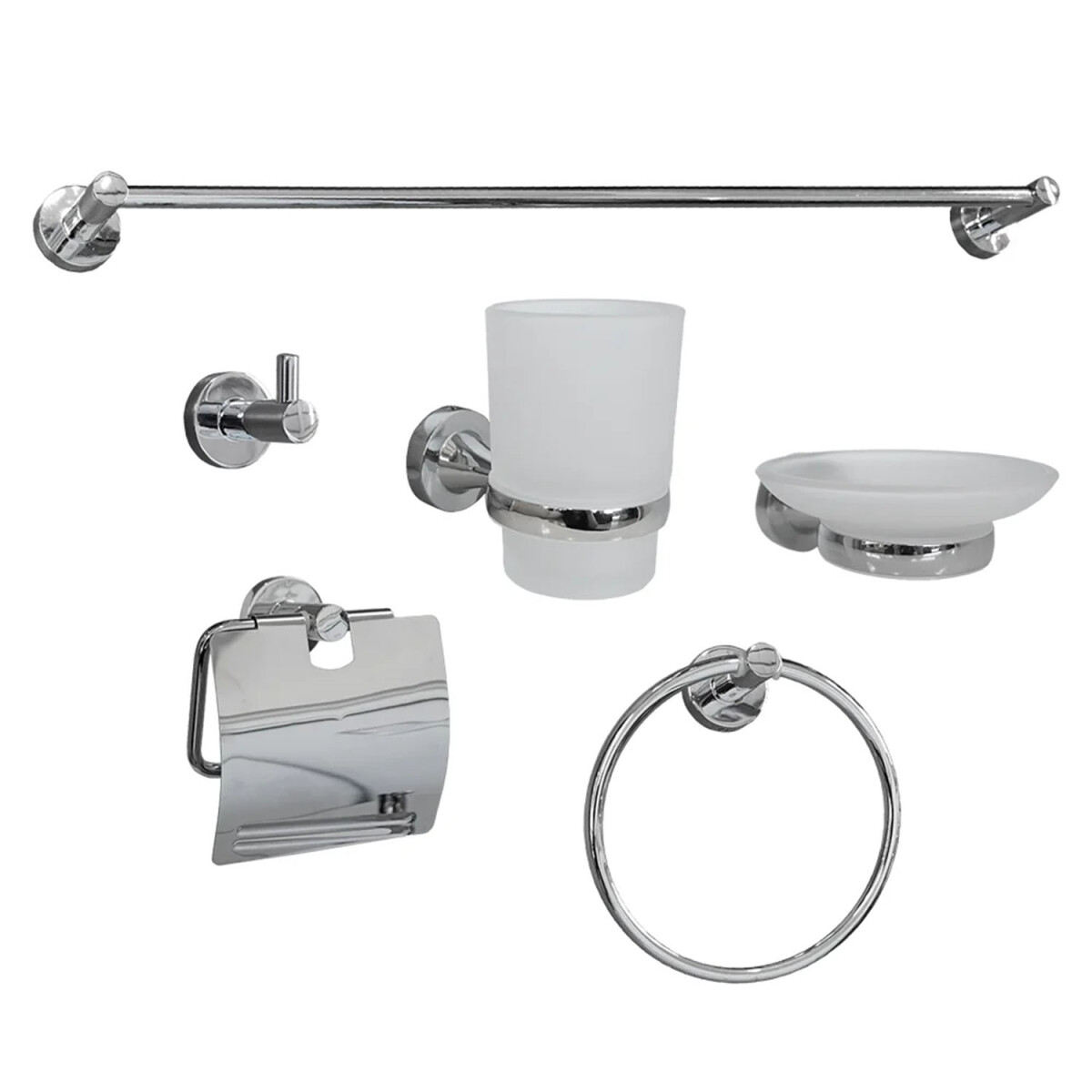 Kit Accesorio Set Baño 6 Piezas 100% Metálico y Vidrio - Plateado 